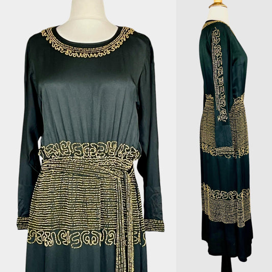 Vintage 1920s Black Silk Gold Beaded Dress with Belt, Art Deco 20s, S/M–M