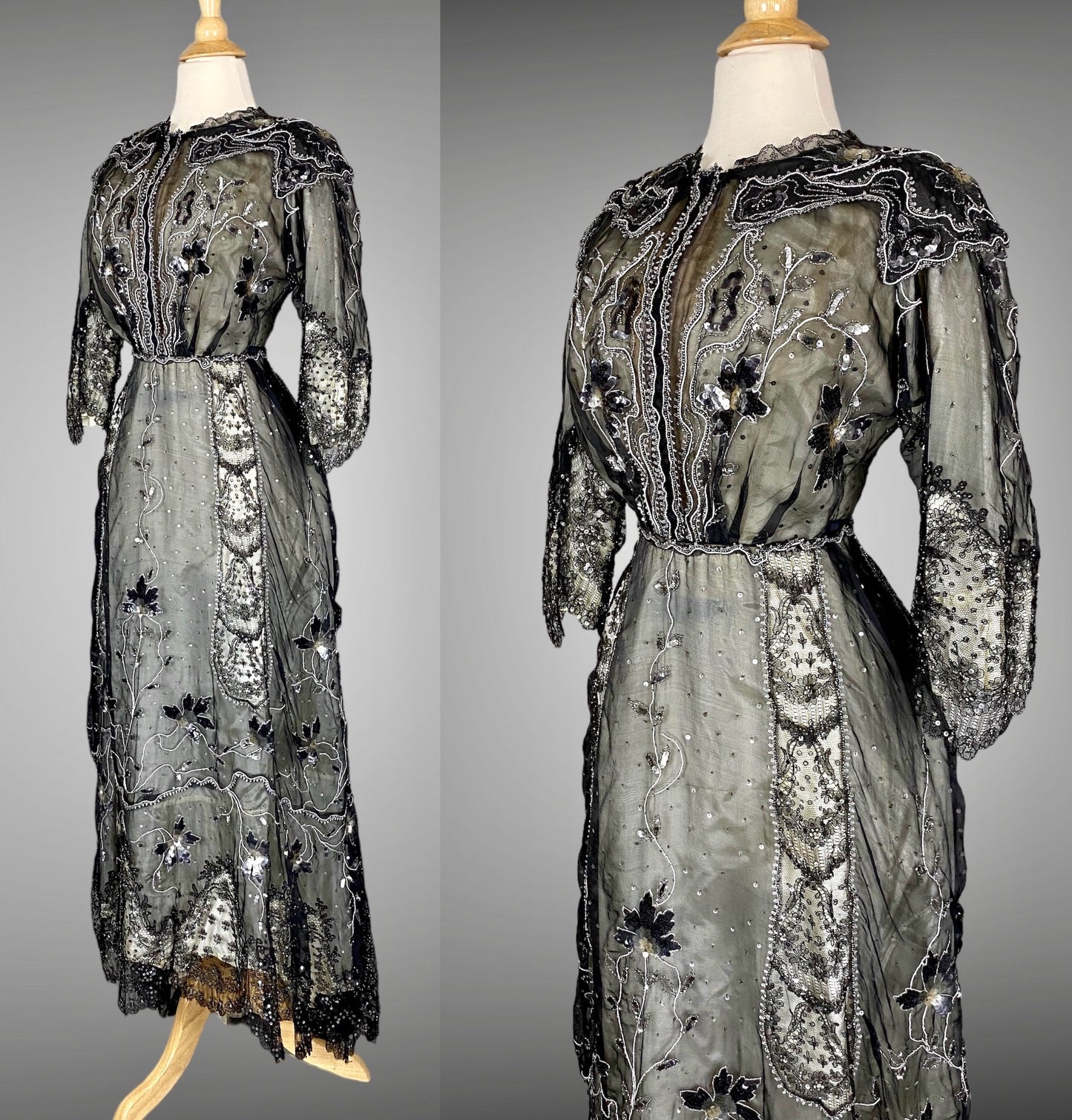 Antique Edwardian Early 1900s Sequined Silk Chantilly Lace Dress, Trained Skirt, Small