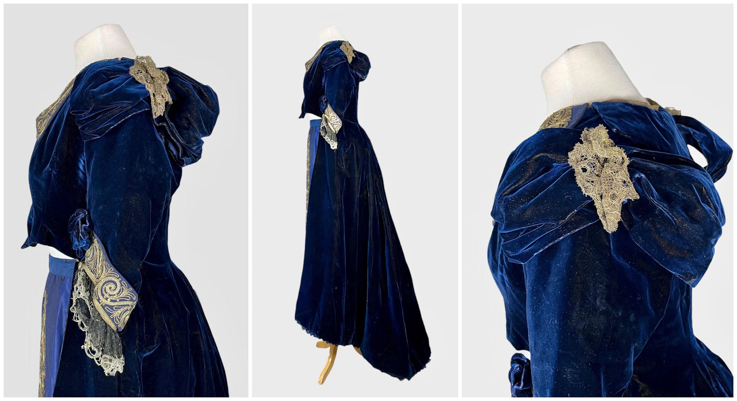 Antique Victorian Sapphire Blue Velvet Skirt & Cutaway Bodice Jacket with Gold Bullion Soutache Embroidery, Historical Costume, Medium