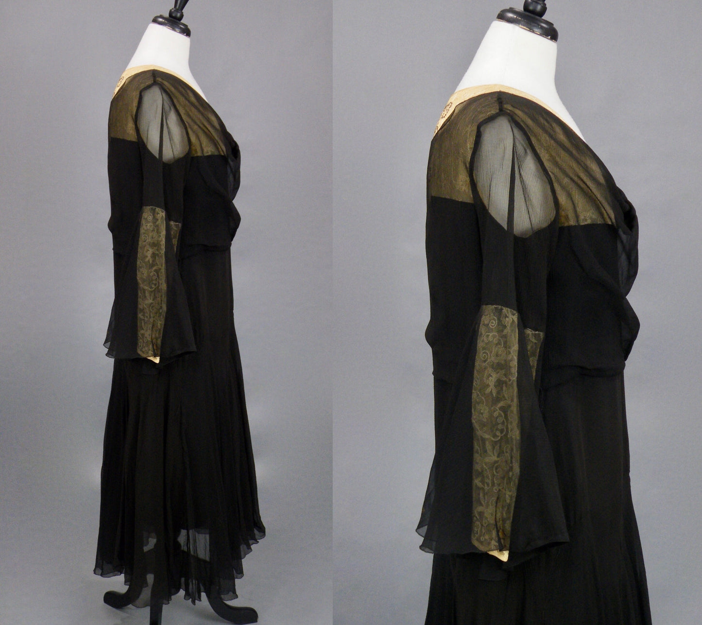 Vintage Late 1920s–1930s Sheer Black Silk Lace Bell Sleeve Art Deco Dress, Large