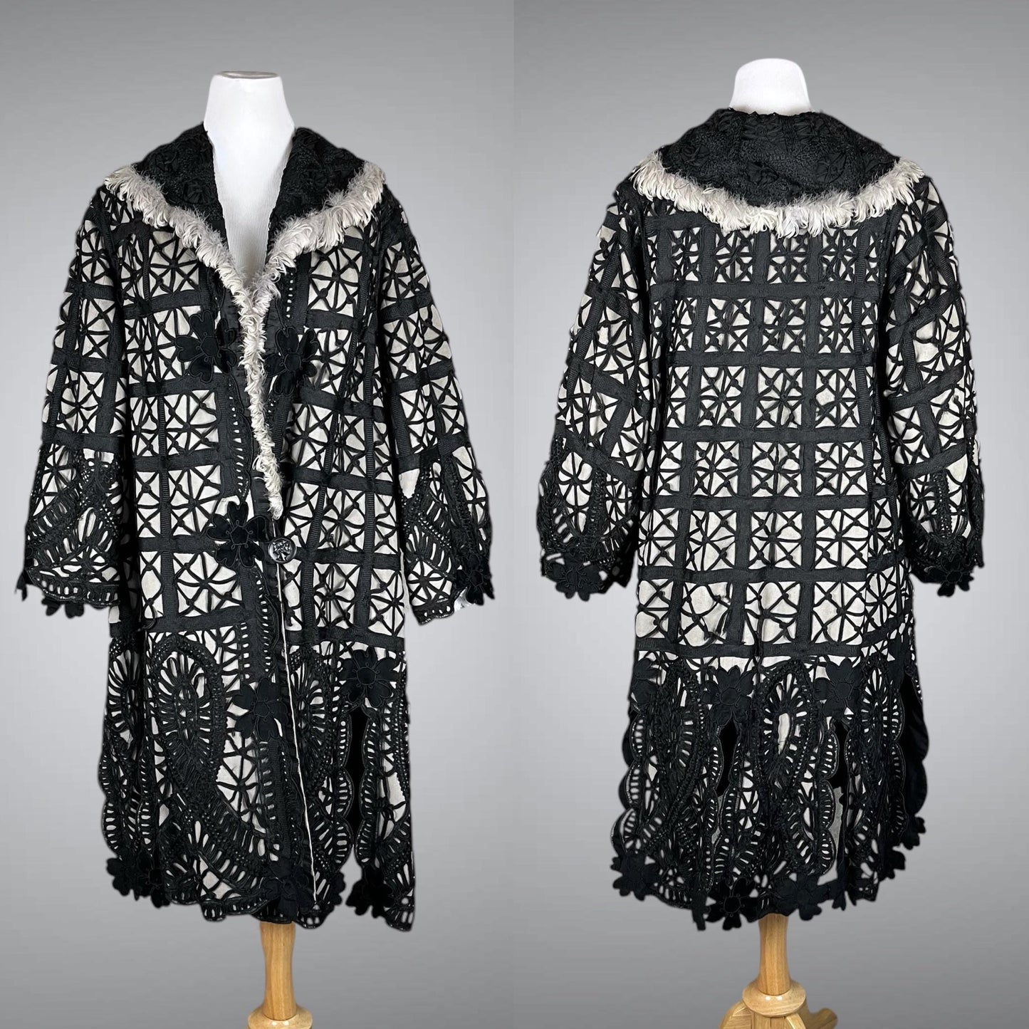 Late 1910s 1920s Feather Trim Wool Soutache Coat, L - XL
