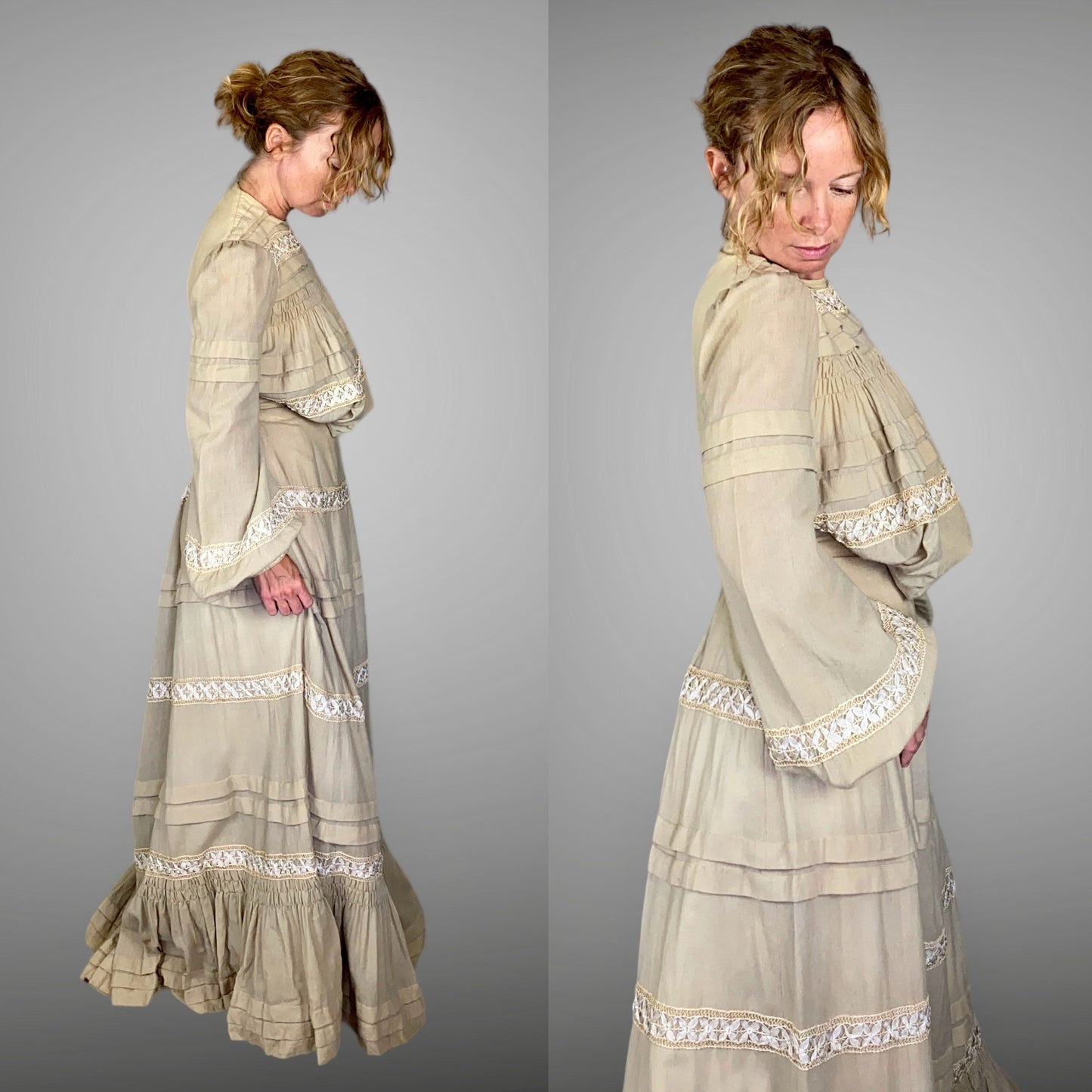 Antique 1900s Edwardian Gibson Girl Dress in Beige Wool, Bishop Sleeves, Pigeon Breast Bodice, XXS