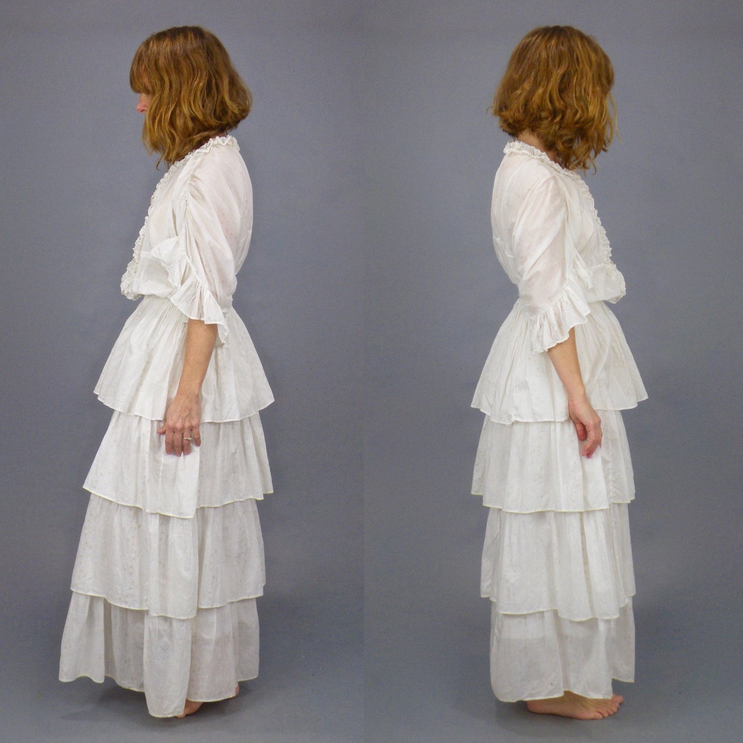 Antique Edwardian 1900s Printed Cotton 2-Piece Dress, Skirt & Tunic Blouse, XXS 23" Waist