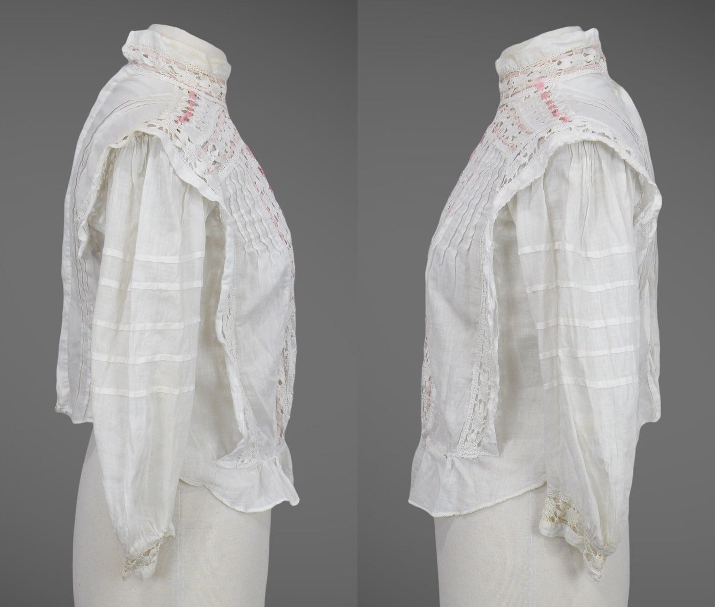 Antique 1900s Edwardian White Cotton Lace Blouse with Embroidered Eyelet Cutouts & Ribbon, S/M