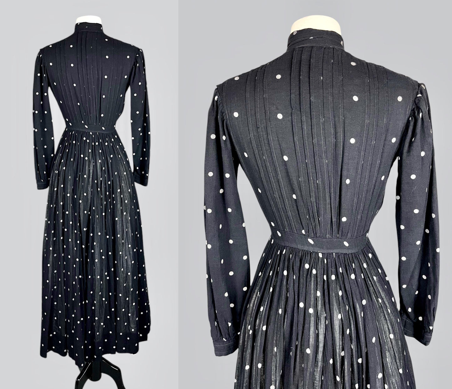 Antique Edwardian 1900s–1910s Black & White Polka Dot Cotton Gauze Dress, XS