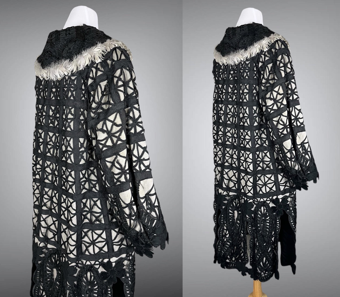 Late 1910s 1920s Feather Trim Wool Soutache Coat, L - XL