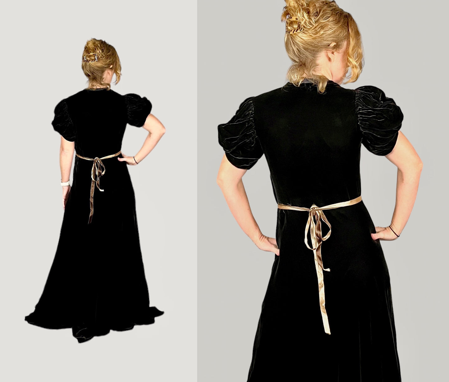 Vintage 1930s Dark Bronze Puffed Sleeve Silk Velvet Evening Dress, Small