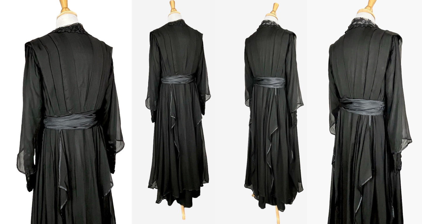 Antique Edwardian 1910s Black Silk Chiffon Embroidered Net Dress with Tiered Sleeves, Medium