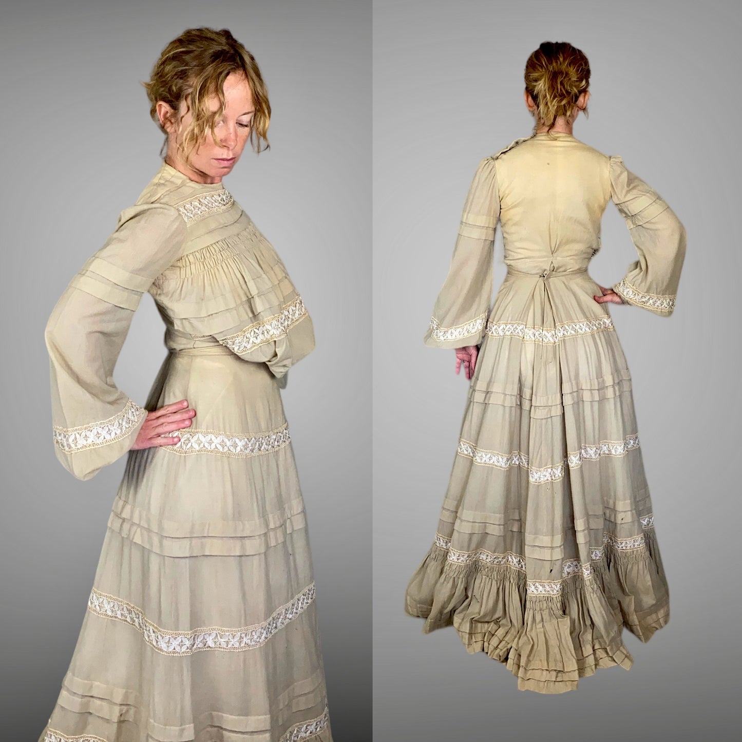Antique 1900s Edwardian Gibson Girl Dress in Beige Wool, Bishop Sleeves, Pigeon Breast Bodice, XXS