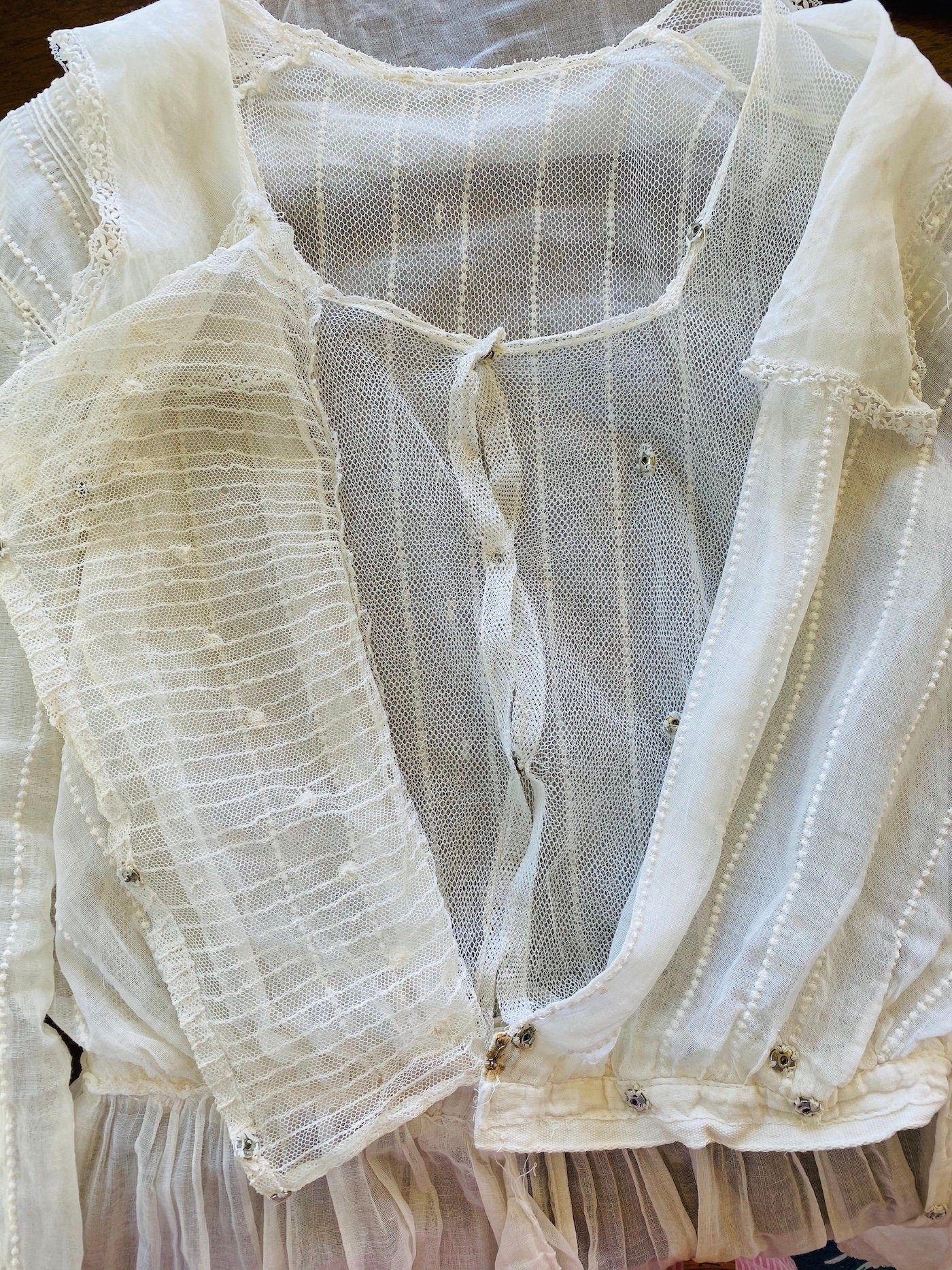 Antique 1900s Edwardian Sheer Cotton Net Day Dress with Bell Sleeves, XS