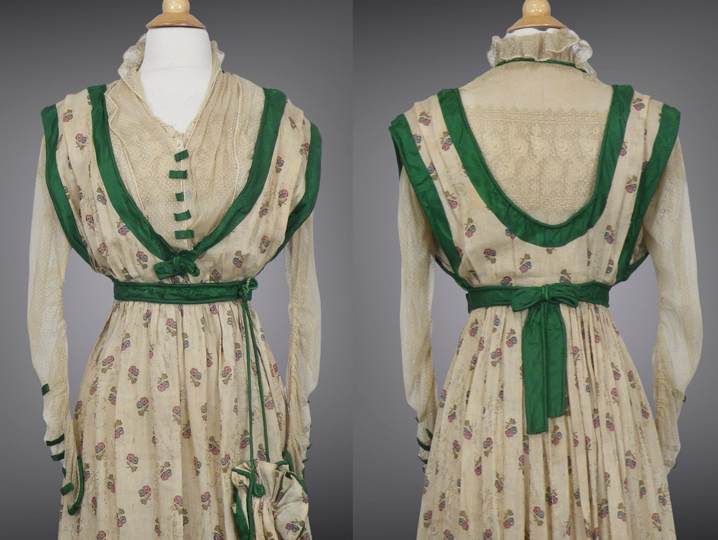 Antique 1900s Edwardian Floral Print Dress with Green Silk Trim & Matching Reticule Purse, XS