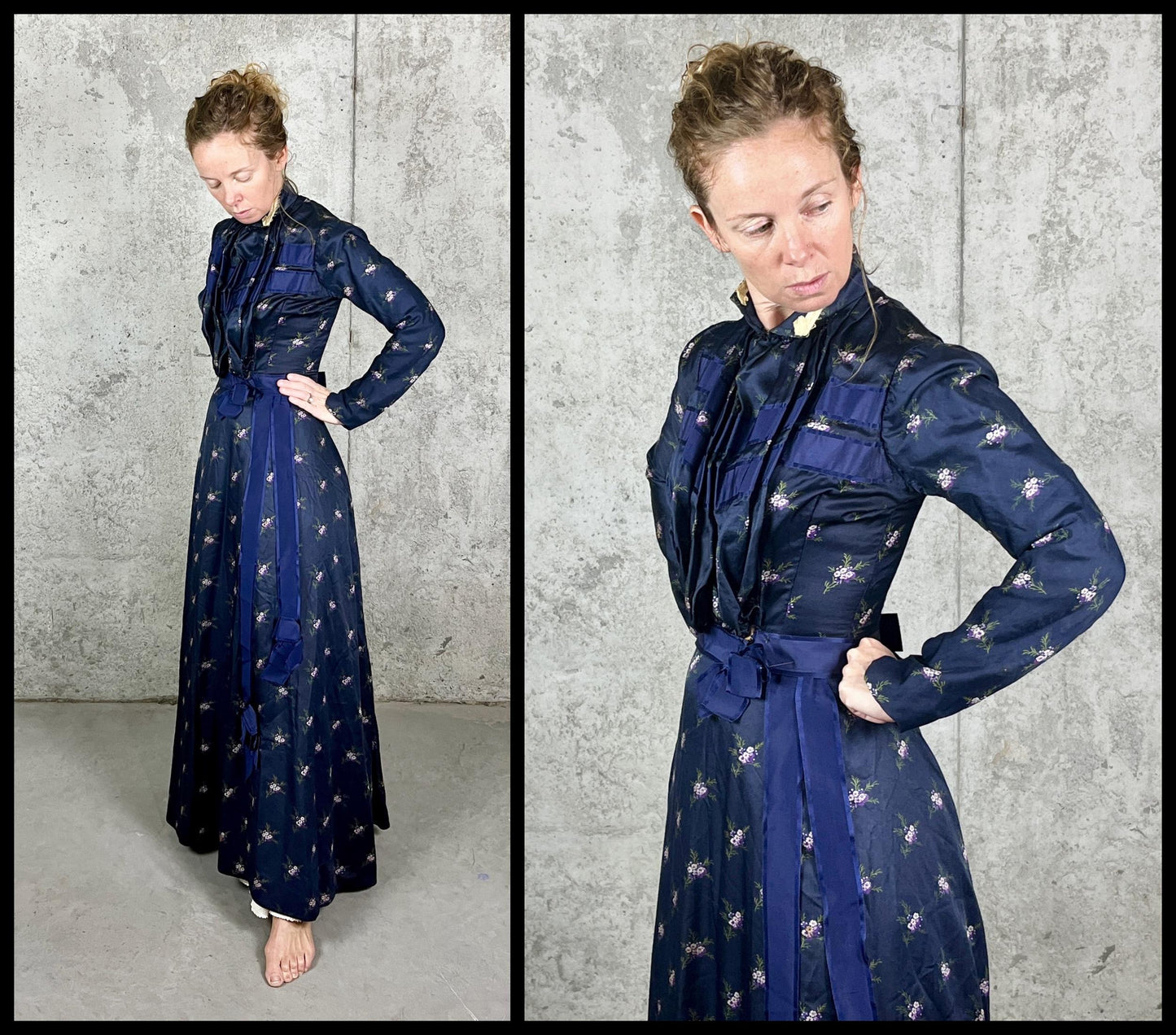 Antique Turn-of-the-Century Floral Silk Gibson Girl Dress Set, Victorian Edwardian Two-Piece, XS