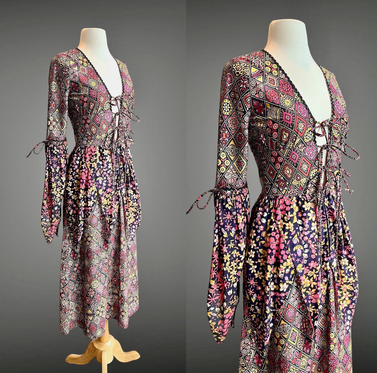 Vintage 1960s Floral Tie Plunging Neckline Woodstock Dress with Petal Sleeves & Peplum, XS