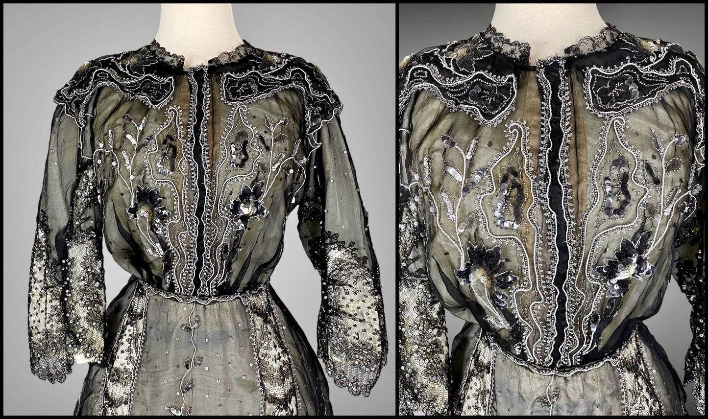 Antique Edwardian Early 1900s Sequined Silk Chantilly Lace Dress, Trained Skirt, Small