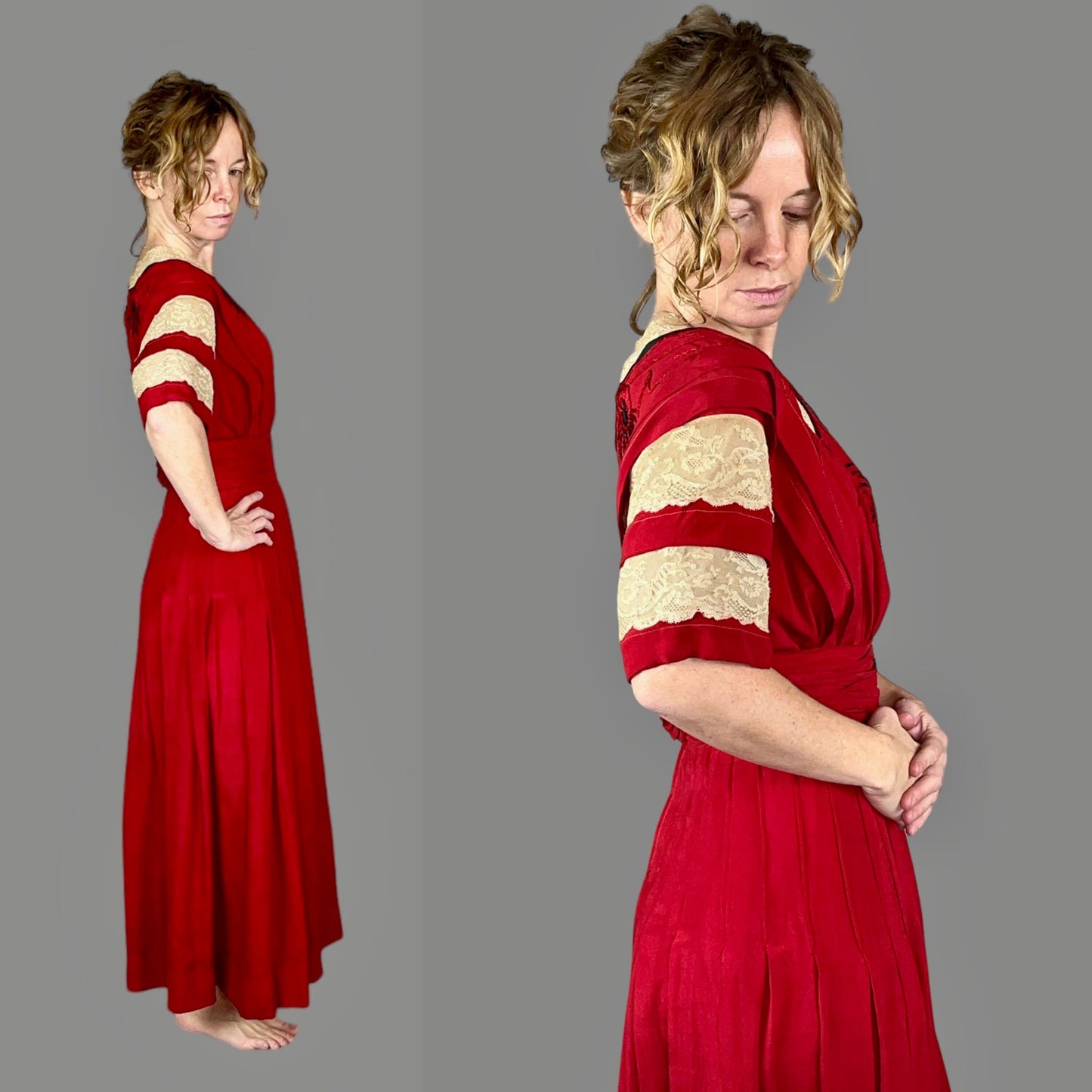 Antique Edwardian 1910s Red Silk Lace Dress, XS