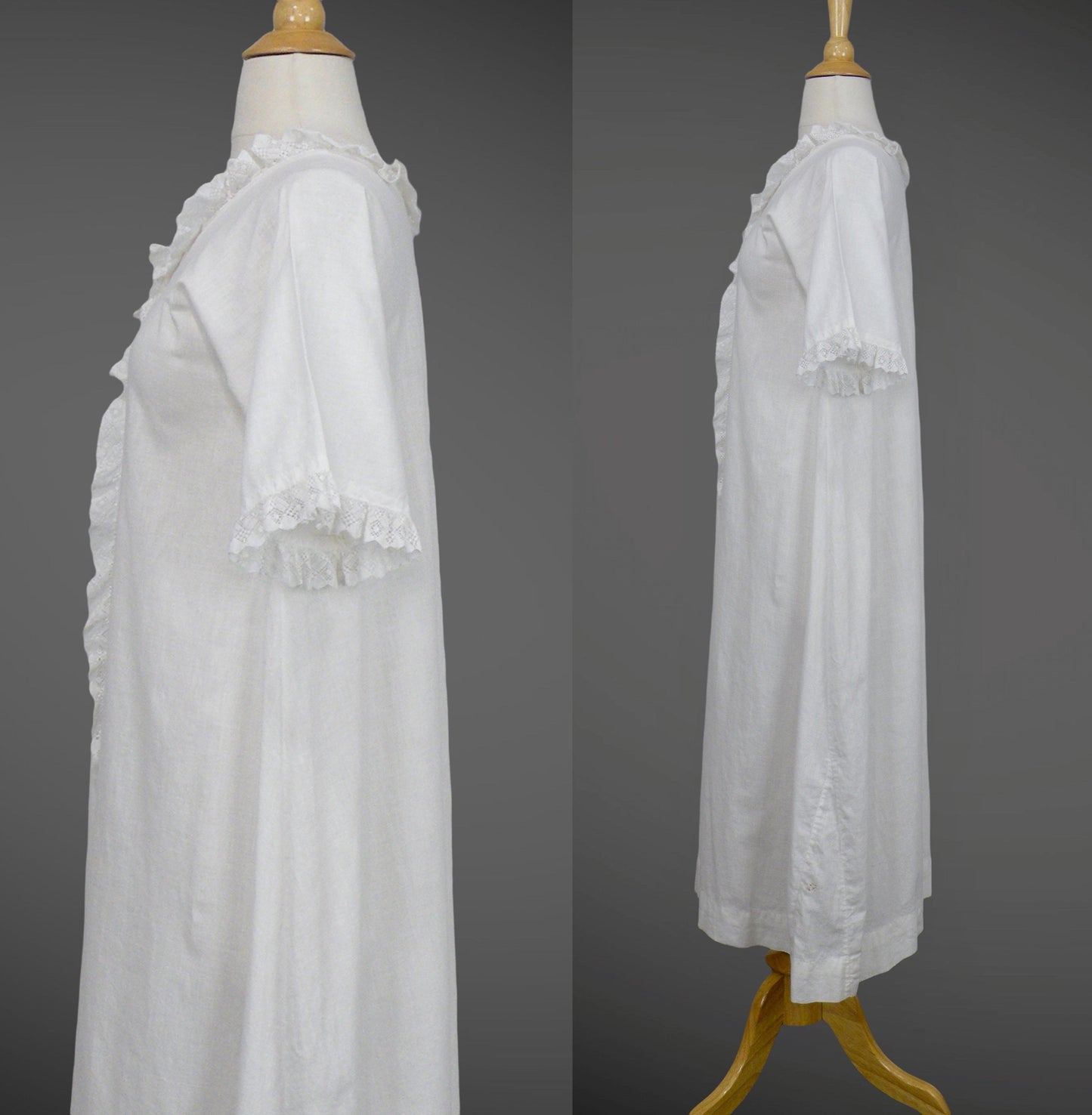 Antique 1900s Victorian Edwardian White Cotton Nightgown with Lace Trim, Small 34" Bust
