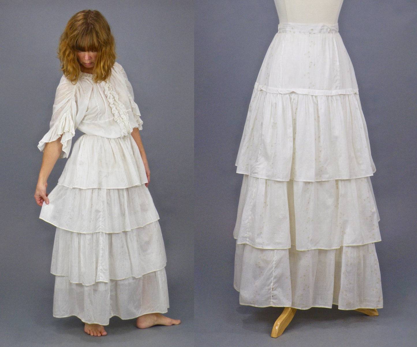 Antique Edwardian 1900s Printed Cotton 2-Piece Dress, Skirt & Tunic Blouse, XXS 23" Waist