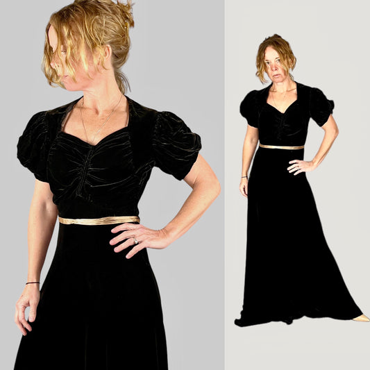 Vintage 1930s Dark Bronze Puffed Sleeve Silk Velvet Evening Dress, Small