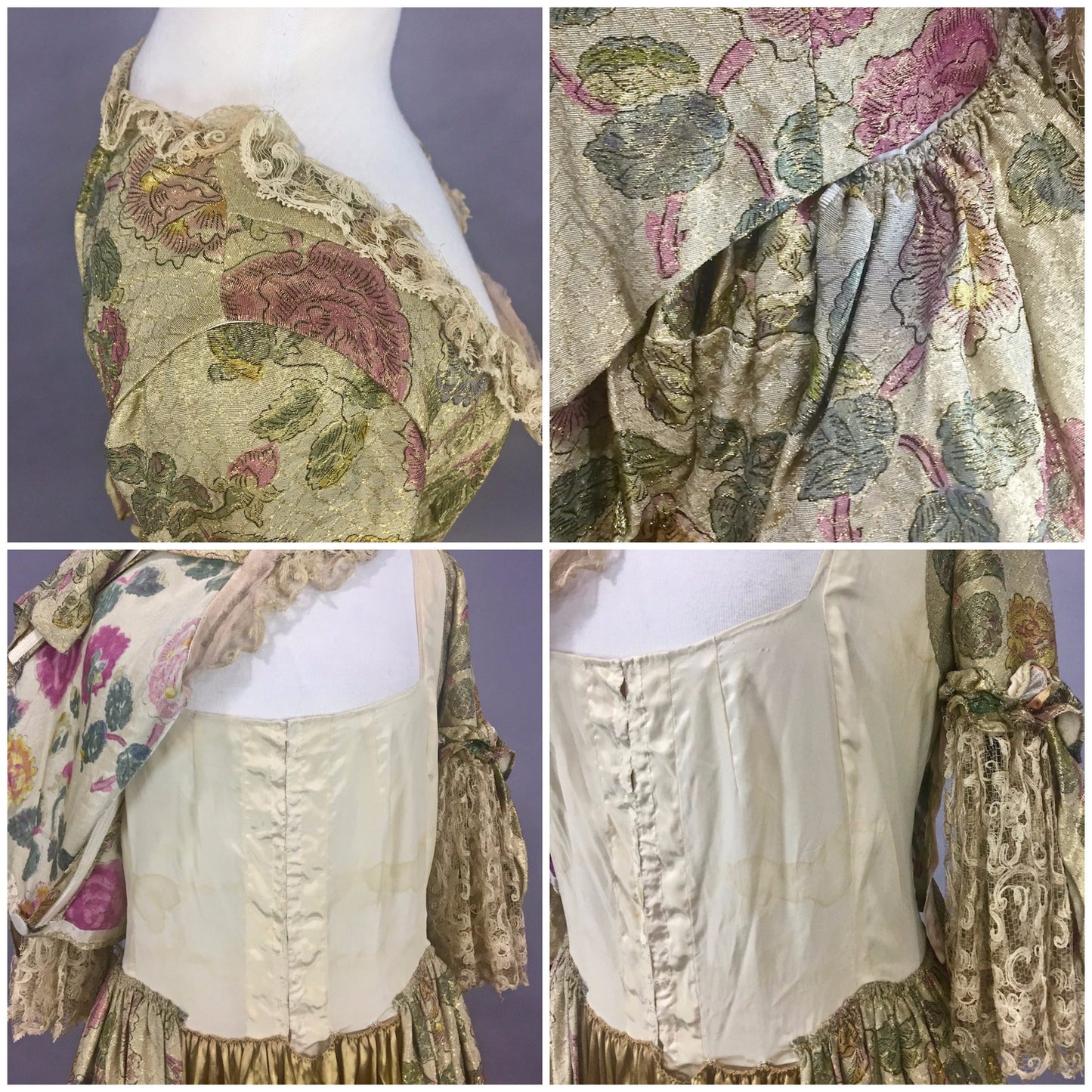 Antique 1910s Rococo Revival Evening Gown in Floral Lamé and Liquid Gold Silk with Ribbon Flowers and Lace Bell Sleeves, by Thurn Paris–New York, M - M/L