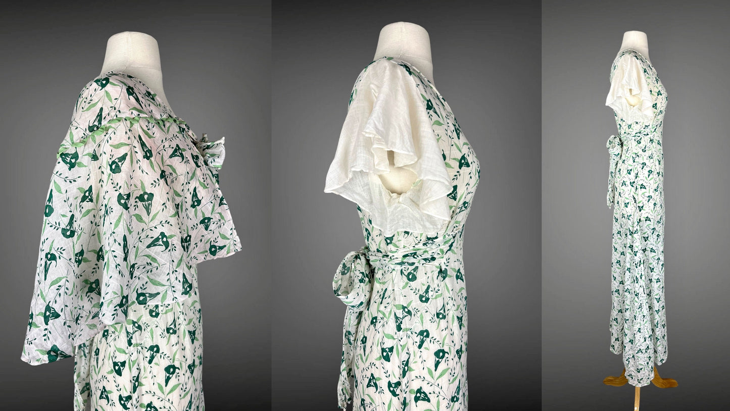 Vintage 1930s Green Floral Bias Cut Flutter Sleeve Dress and Cape, XS