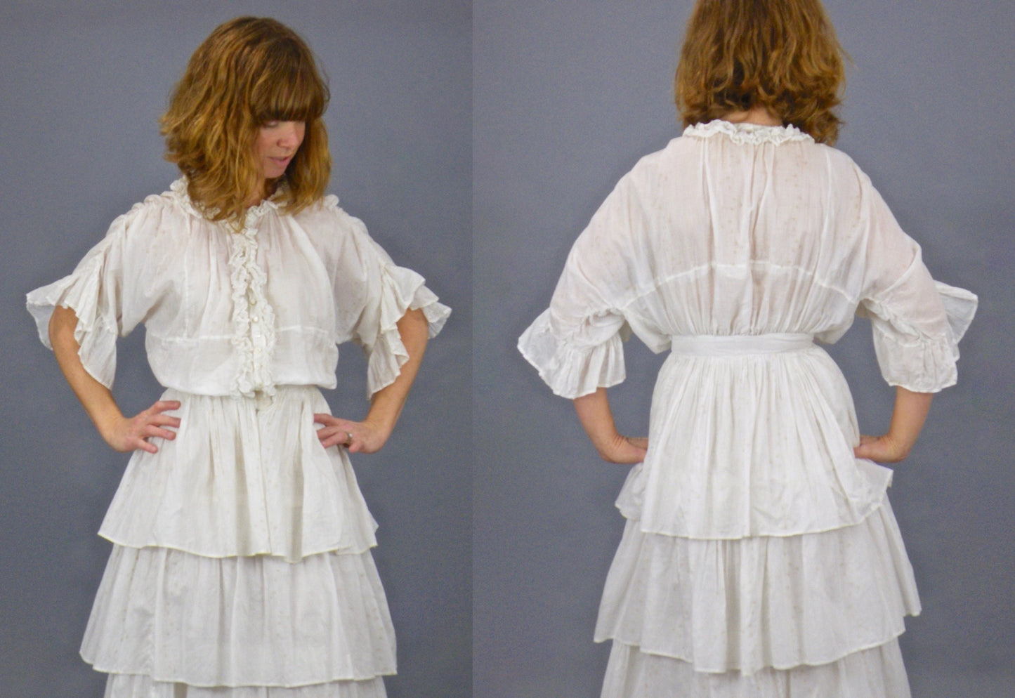 Antique Edwardian 1900s Printed Cotton 2-Piece Dress, Skirt & Tunic Blouse, XXS 23" Waist