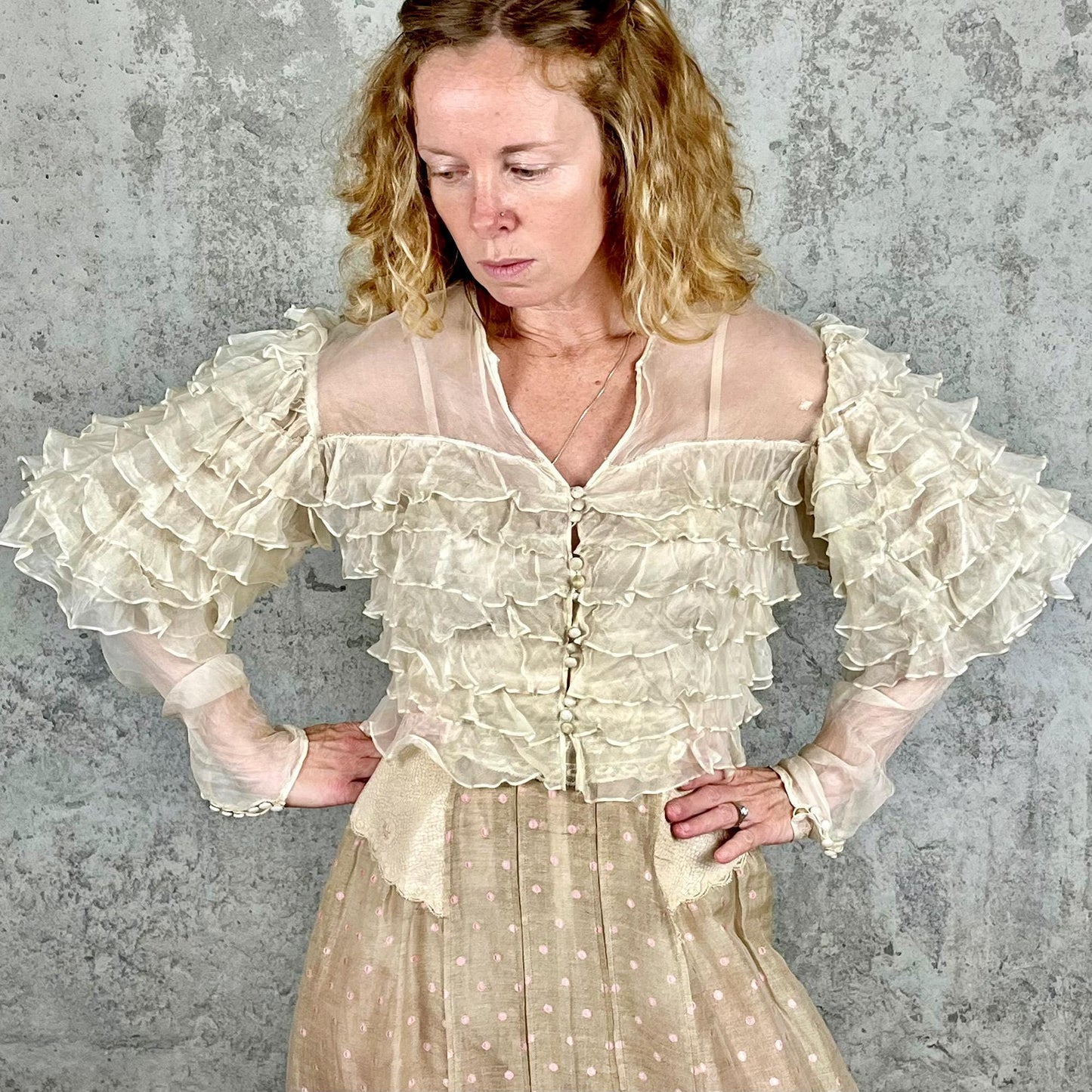 Vintage 1930s Sheer Silk Blouse with Leg-of-Mutton Sleeves & Tiered Ruffles, XS–Small