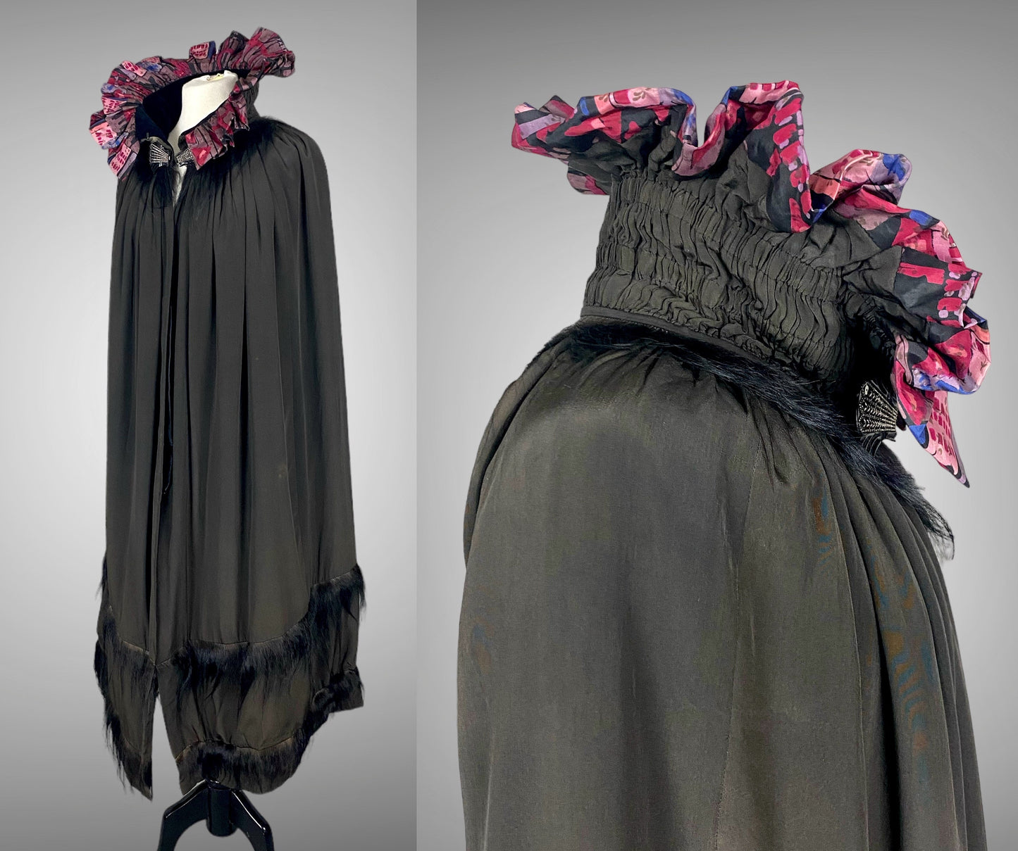 Vintage 1920s Geometric Batik Print Silk Opera Cape with Rhinestone Deco Clasp