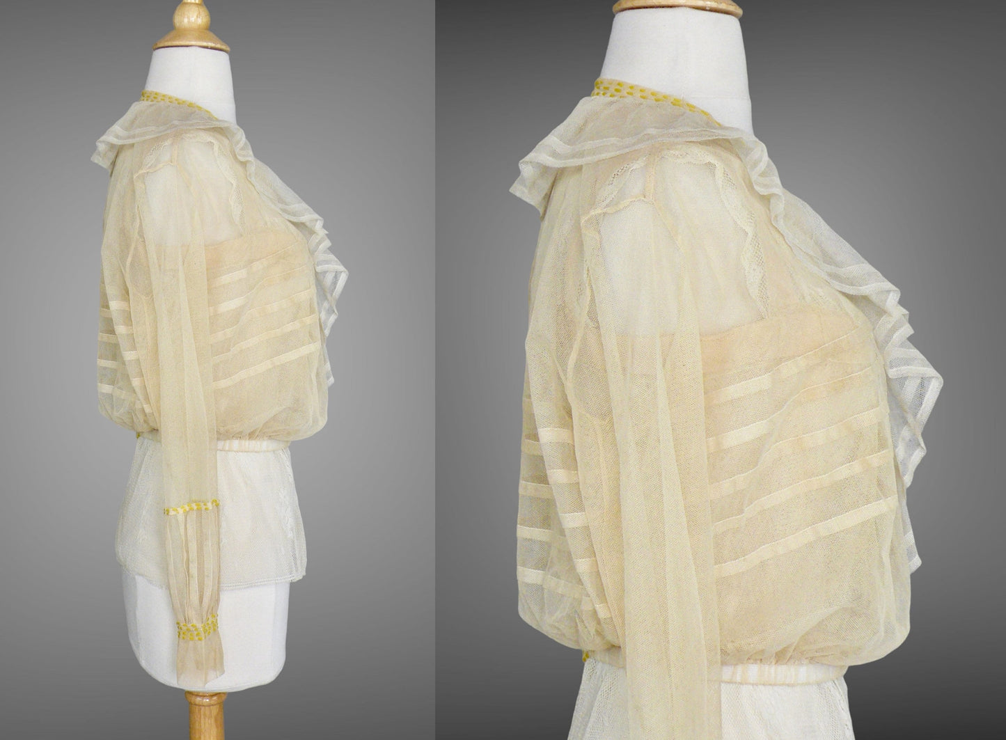 Antique 1900s Edwardian Net Lace Blouse with Yarn Embroidery & Lace Camisole, 36" Bust, S–M