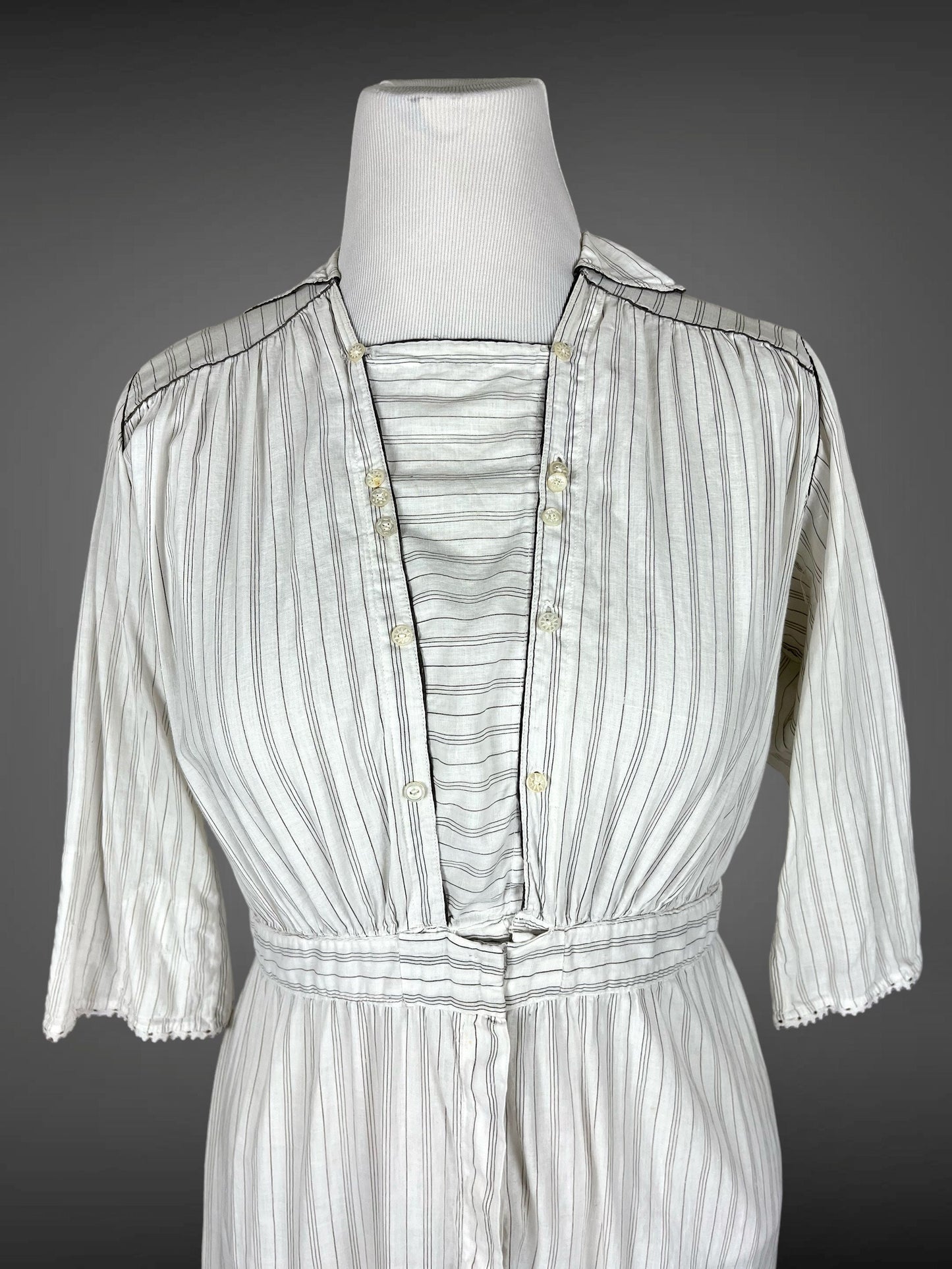 Antique 1910s Gray Striped Cotton Work Dress, Large