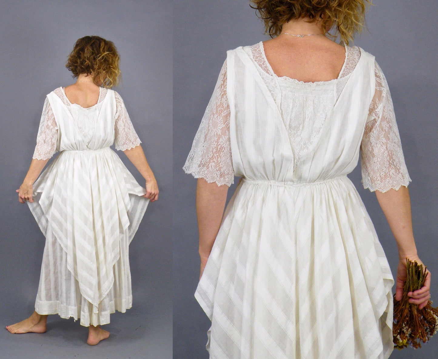 Antique 1900s Edwardian Tea Dress in Striped White Cotton with Lace, XS