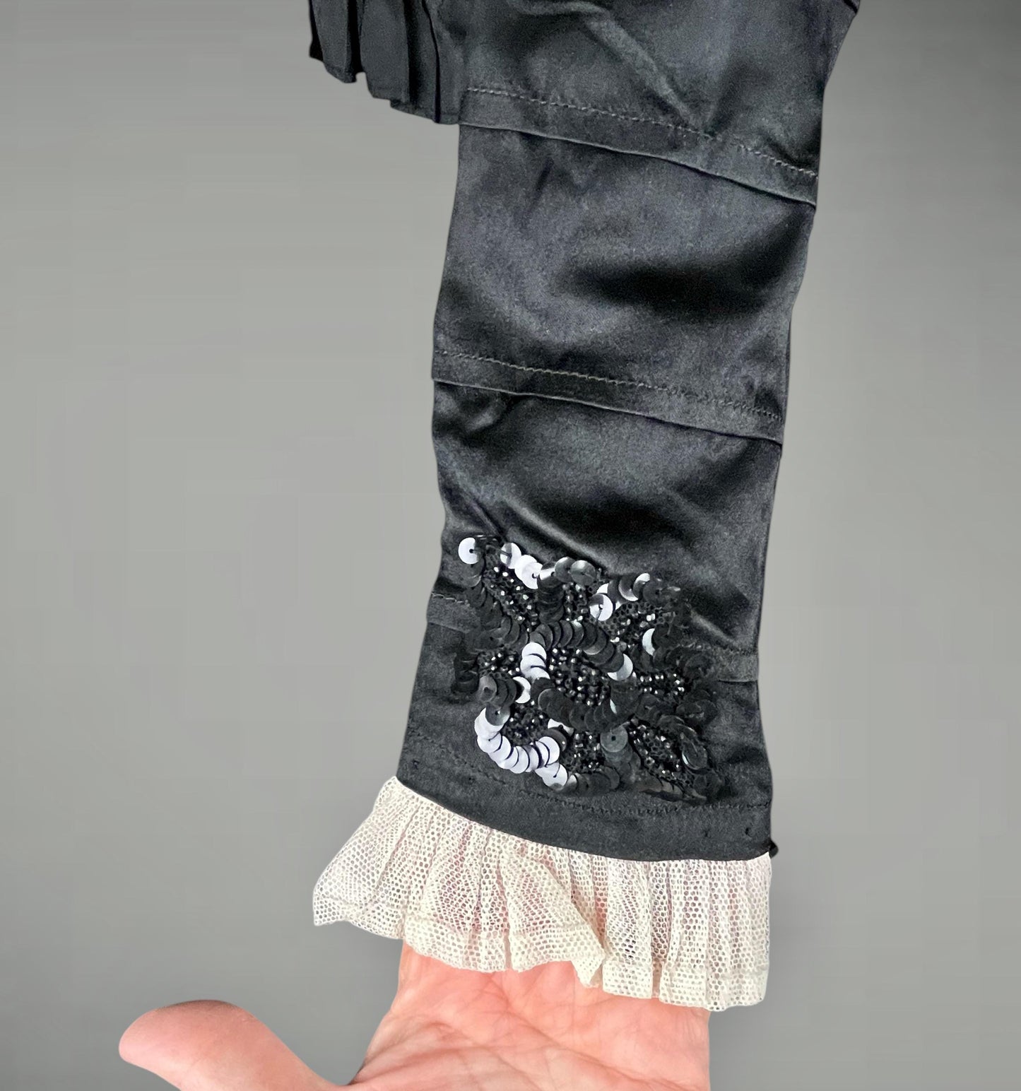 Antique Edwardian 1900s Beaded & Sequined Black Silk Blouse, XS–S