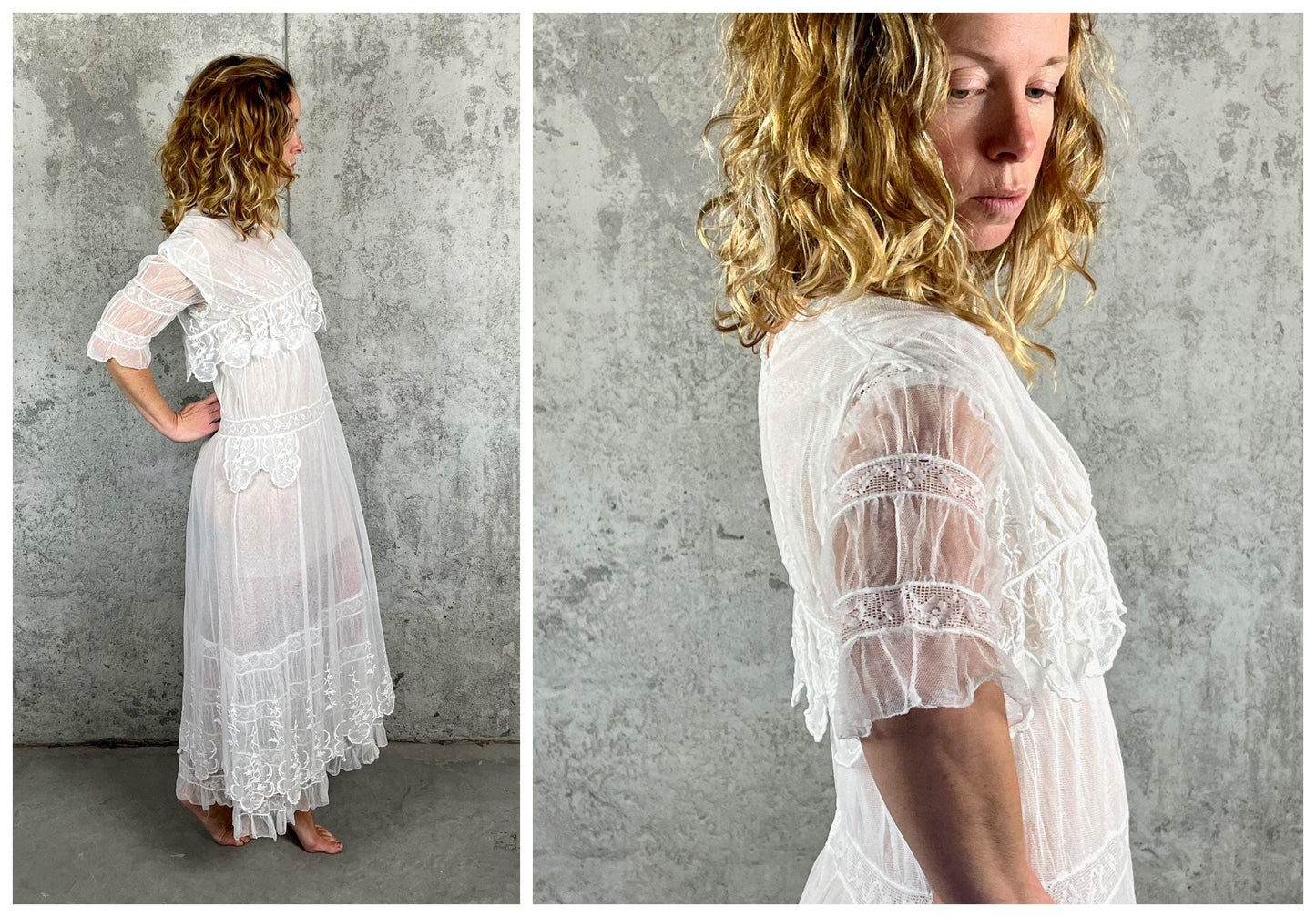 Antique Edwardian 1910s White Net Lace Embroidered Tea Gown, XS