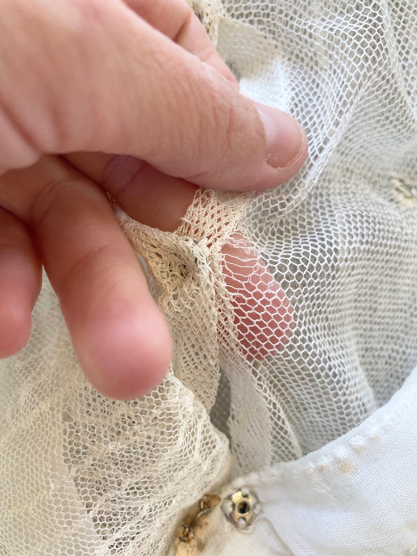 Antique 1900s Edwardian Sheer Cotton Net Day Dress with Bell Sleeves, XS