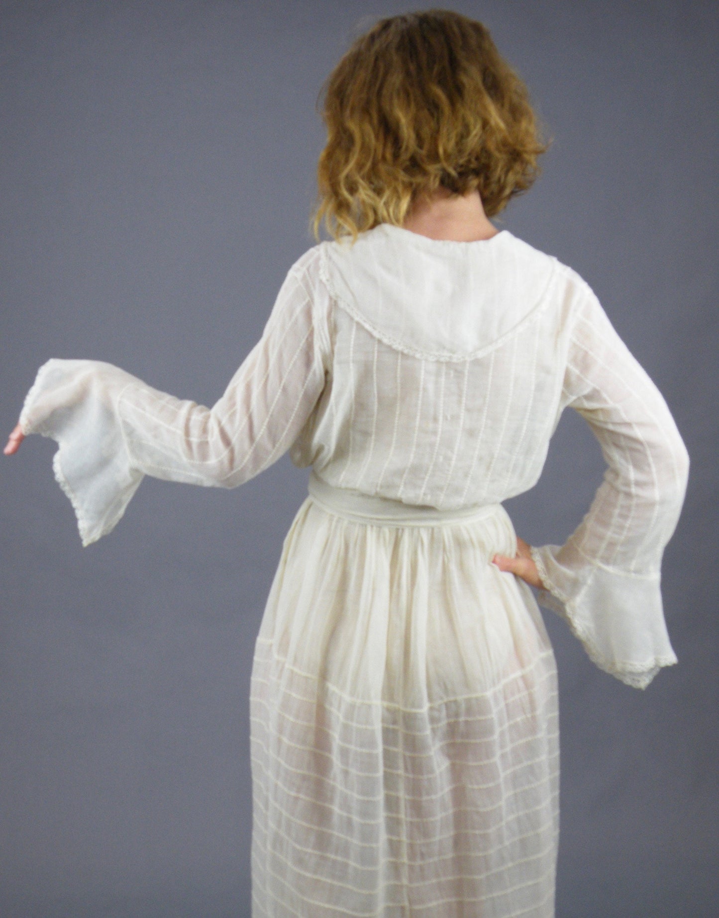 Antique 1900s Edwardian Sheer Cotton Net Day Dress with Bell Sleeves, XS