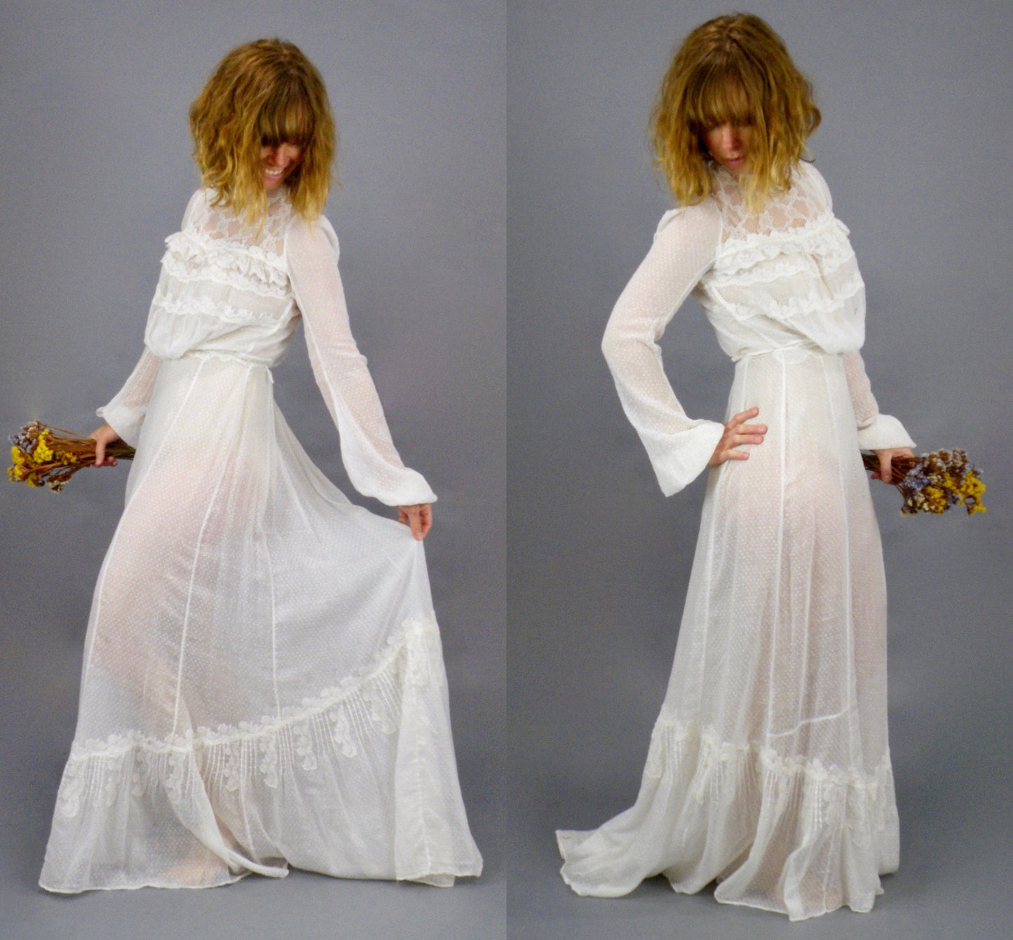 Antique Edwardian 1900s Gibson Girl White Cotton Swiss Dot Lace Dress, 2-Piece, XXS - XS