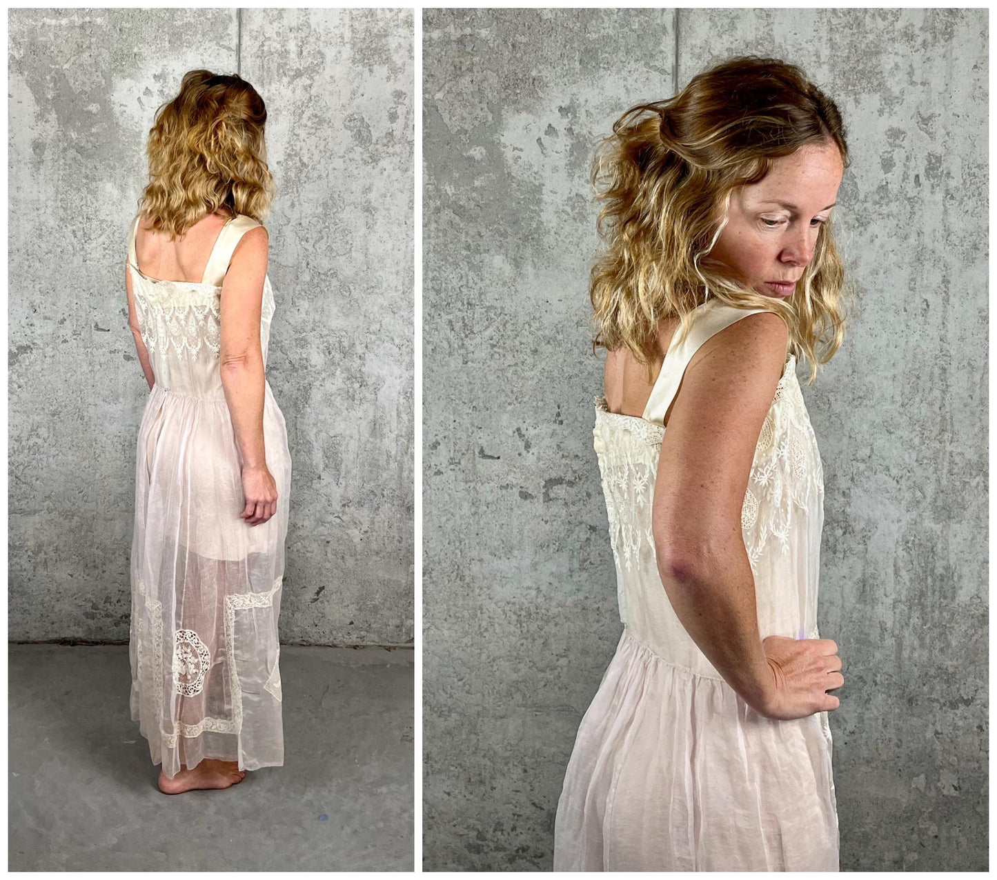 Antique 1910s Pale Blush Organdy Lace Edwardian Bridal Dress with Silk Ribbon Roses, Small