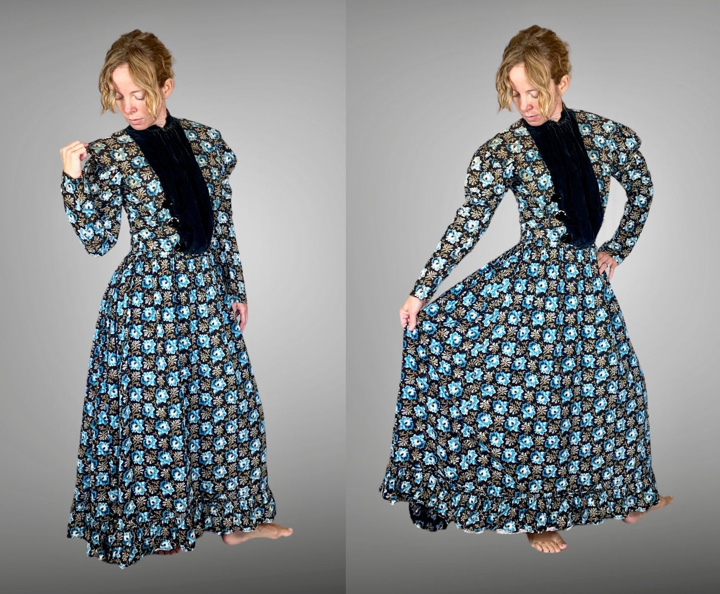 Antique 1890s–1900s Blue Floral Print Cotton Day Dress, Victorian Edwardian Gigot Sleeve Gown, XS