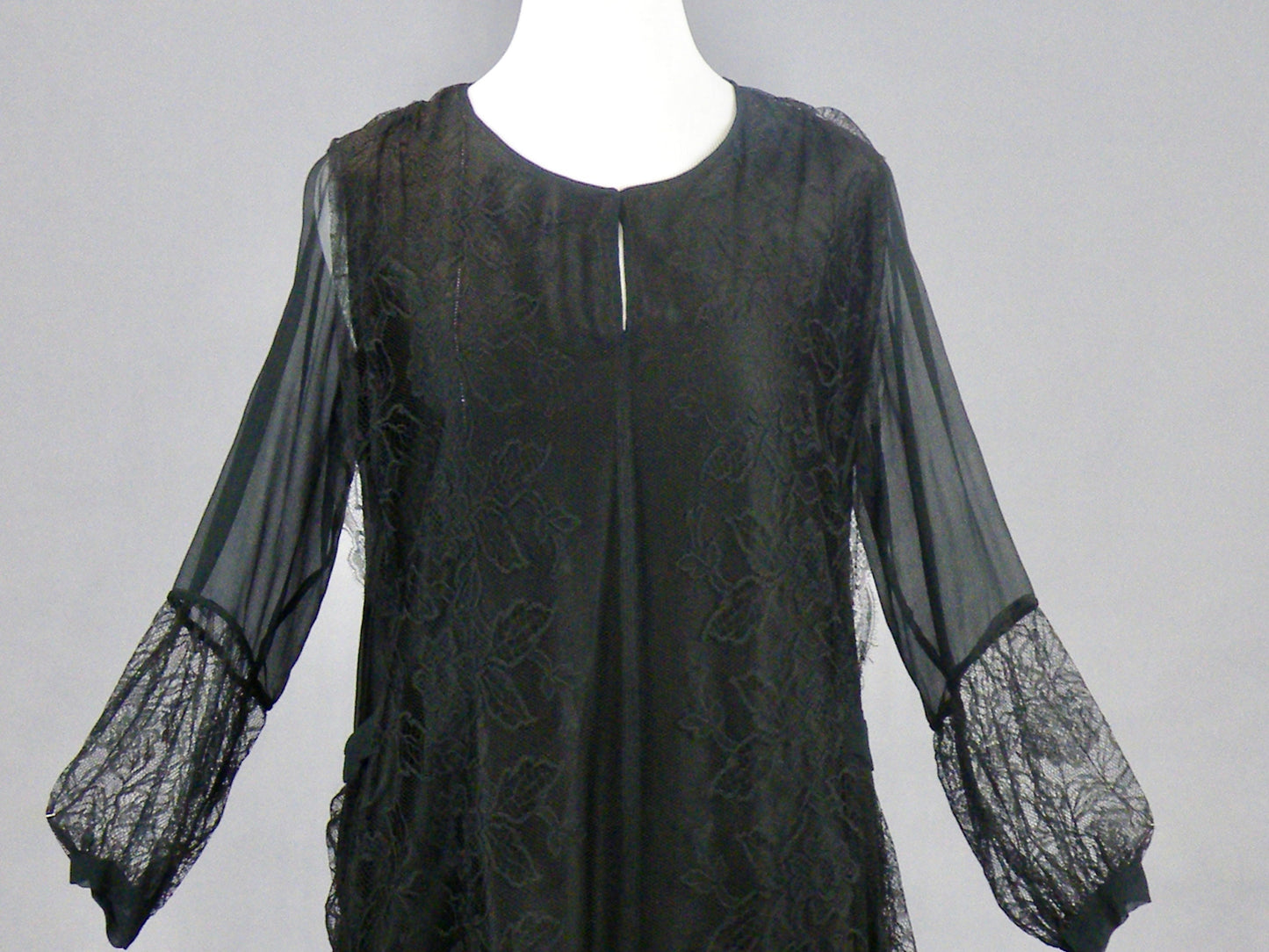 Vintage 1920s Black Silk Lace Dress, Jazz Age 20s Dress, Large