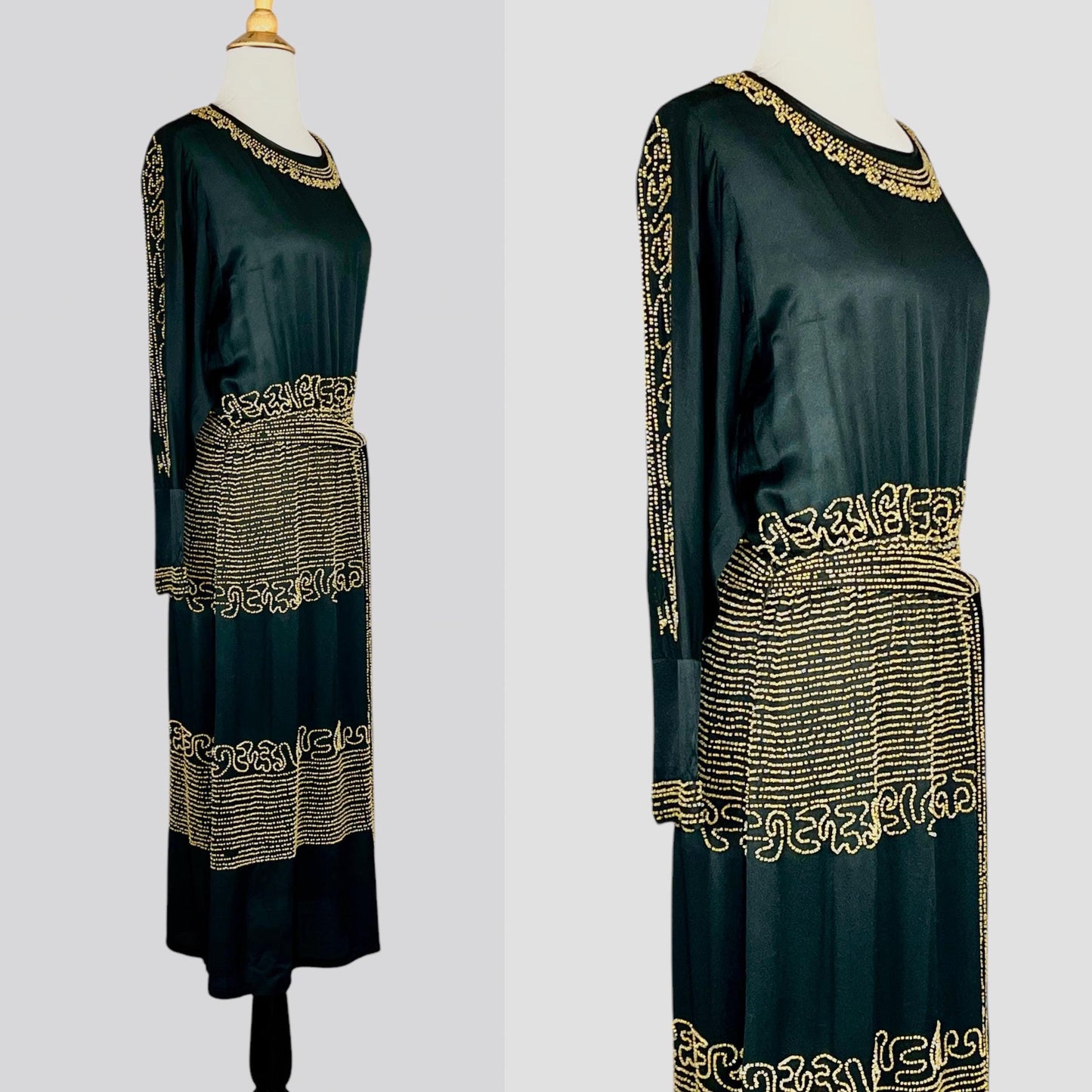 Vintage 1920s Black Silk Gold Beaded Dress with Belt, Art Deco 20s, S/M–M