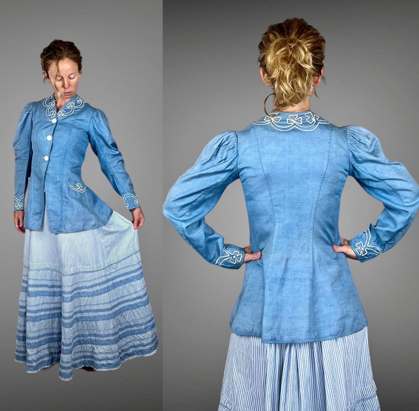 Antique c. 1900–1905 Edwardian Walking Suit, Blue Linen Jacket & Striped Cotton Skirt, XS/S