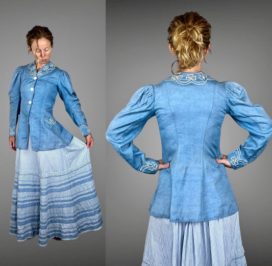Antique c. 1900–1905 Edwardian Walking Suit, Blue Linen Jacket & Striped Cotton Skirt, XS/S