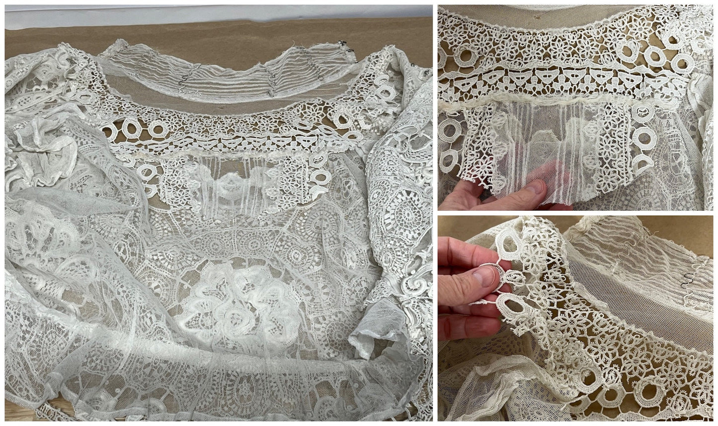 1900s Victorian Edwardian Mixed Lace Antique Blouse, XS 23 Waist