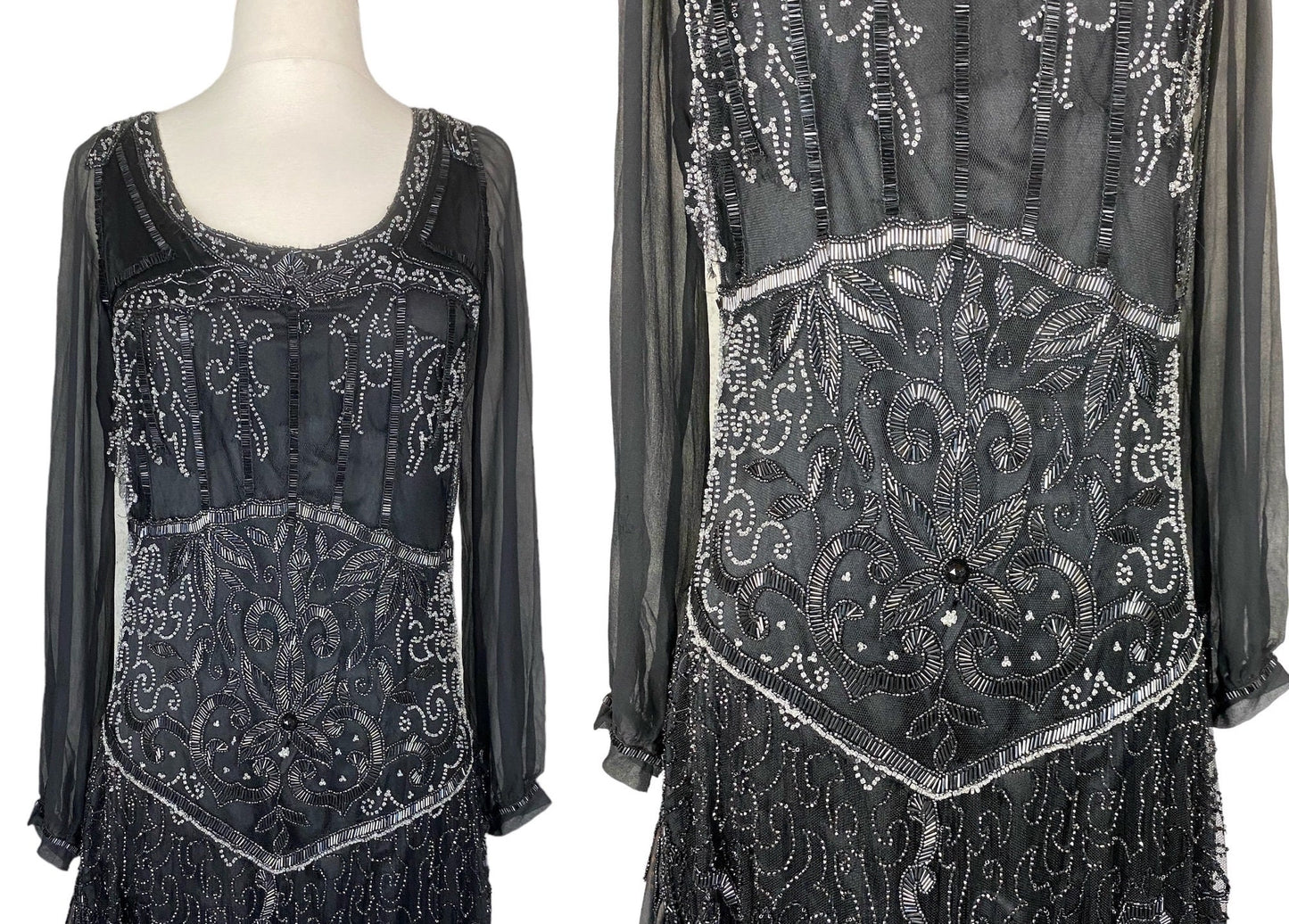 Vintage 1920s Art Deco Beaded Dress, XS–Small