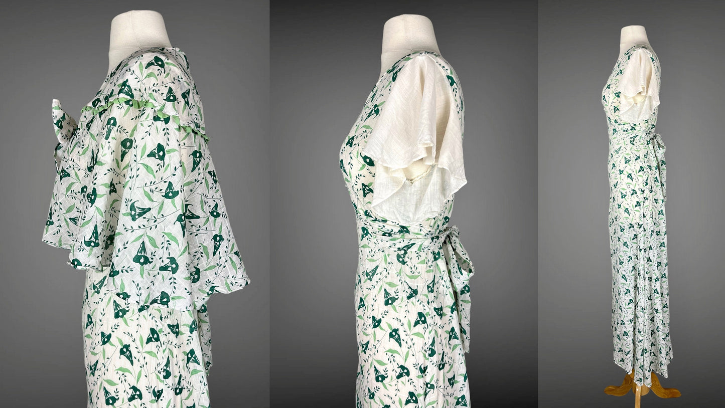 Vintage 1930s Green Floral Bias Cut Flutter Sleeve Dress and Cape, XS