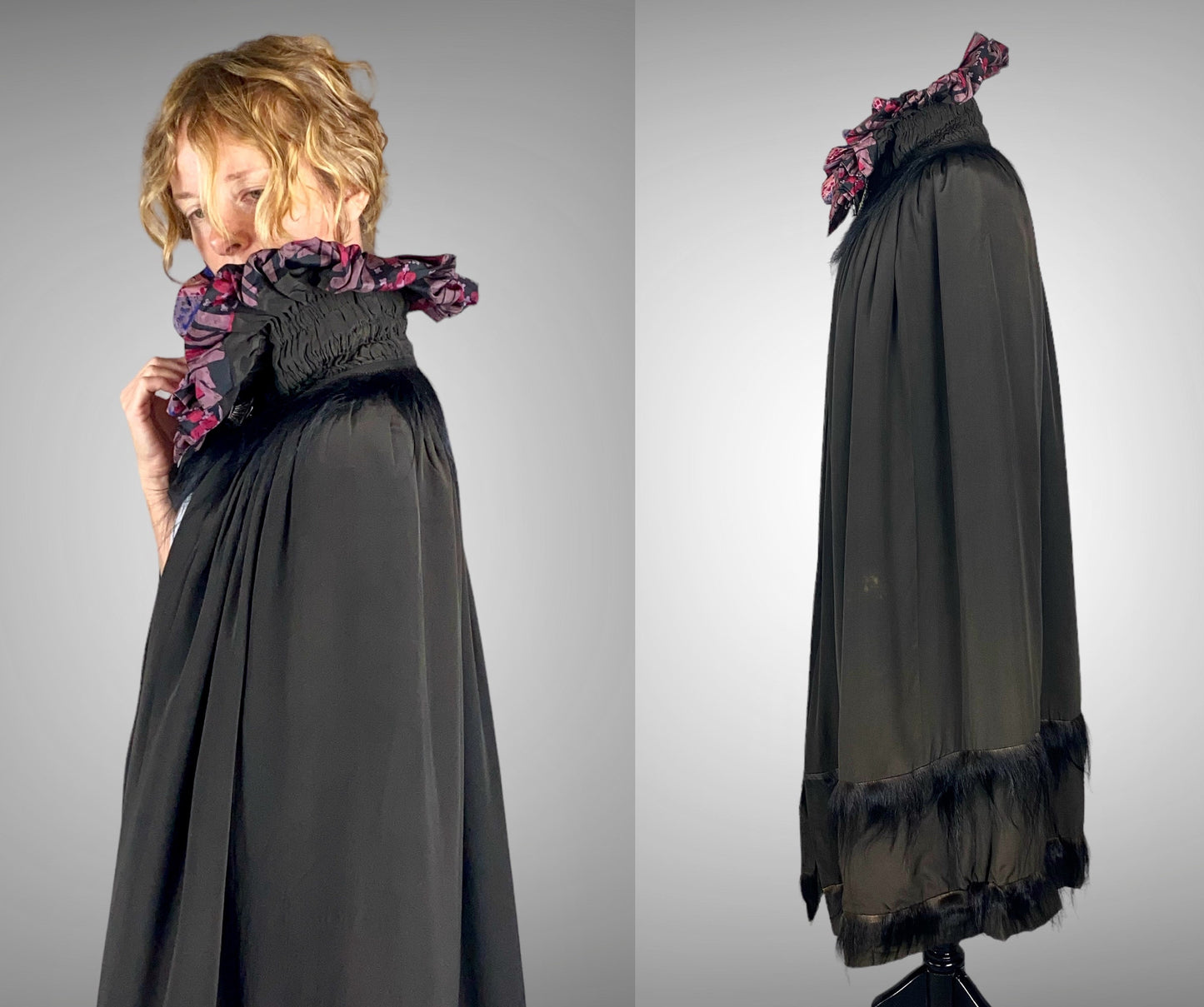 Vintage 1920s Geometric Batik Print Silk Opera Cape with Rhinestone Deco Clasp