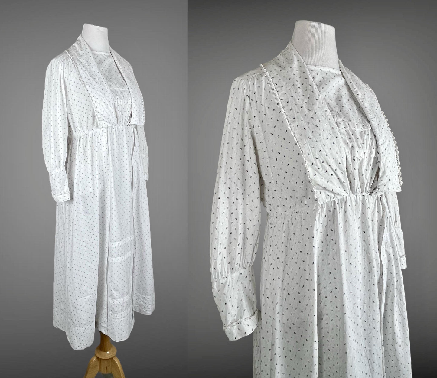 Antique White Calico Dress, 1910s Cotton Day Dress, Size Large