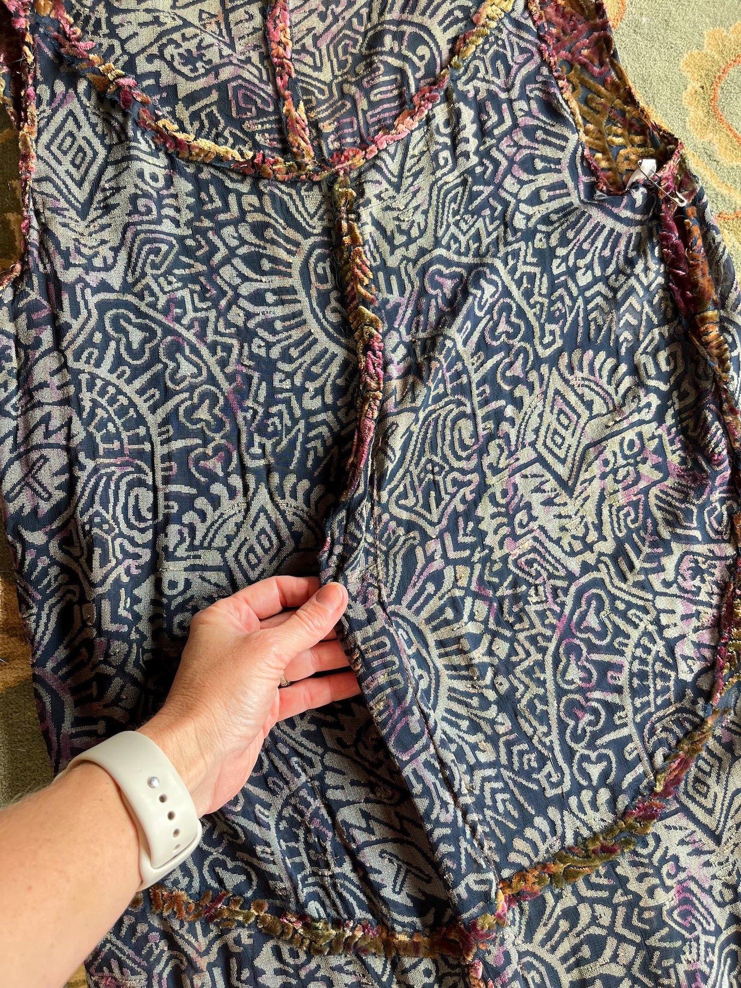 Vintage 1920s Devoré Burnout Silk Velvet Flapper Dress, Plum Gold & Olive, S