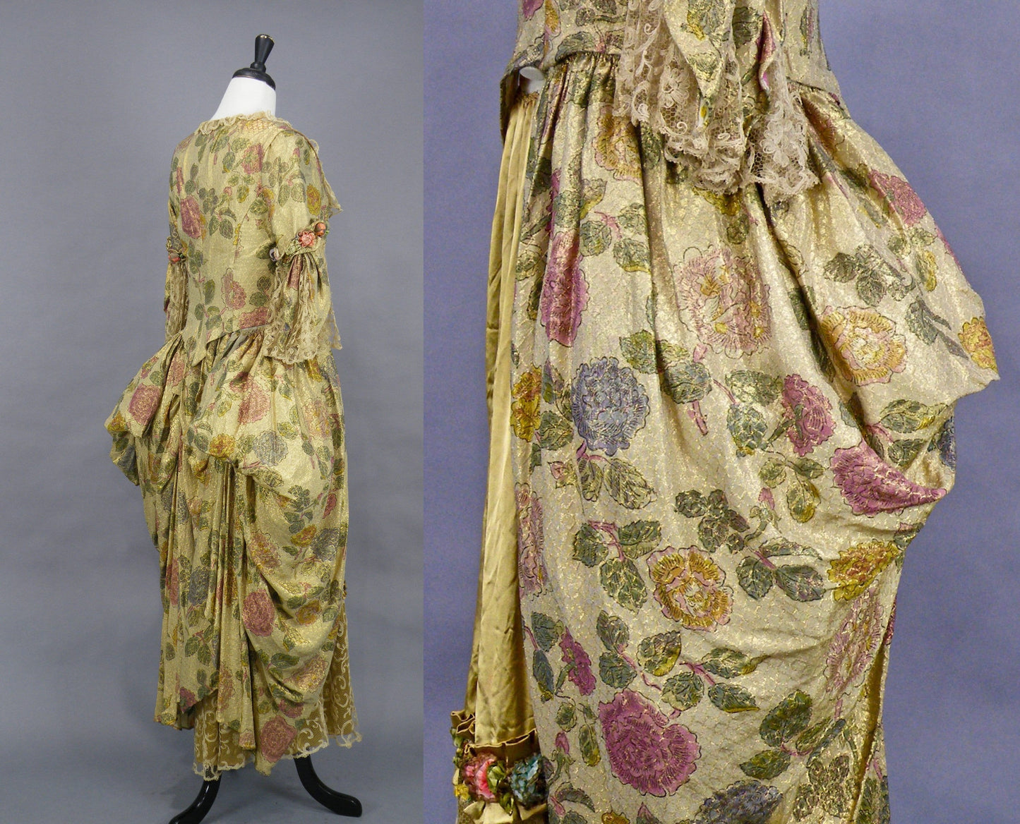 Antique 1910s Rococo Revival Evening Gown in Floral Lamé and Liquid Gold Silk with Ribbon Flowers and Lace Bell Sleeves, by Thurn Paris–New York, M - M/L