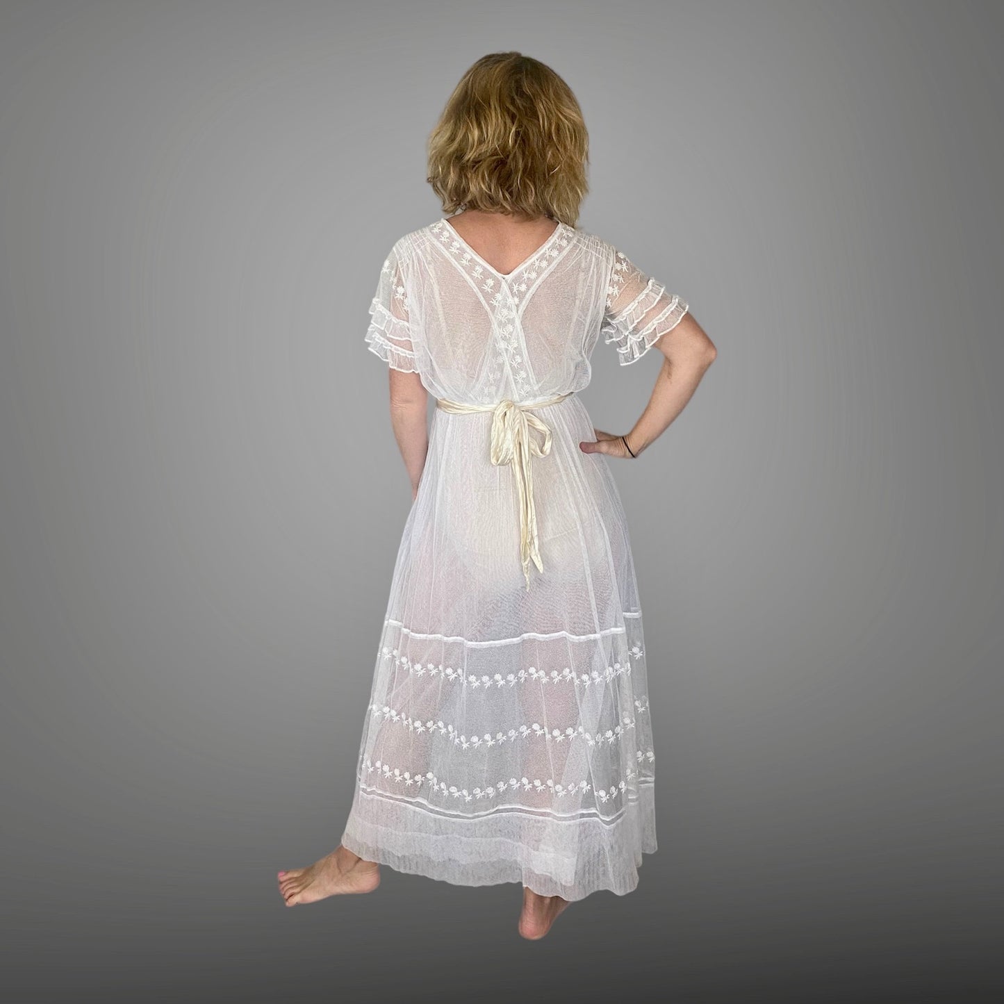 Antique 1910s White Embroidered Net Lace Edwardian Dress with Ruffle Sleeves, XS