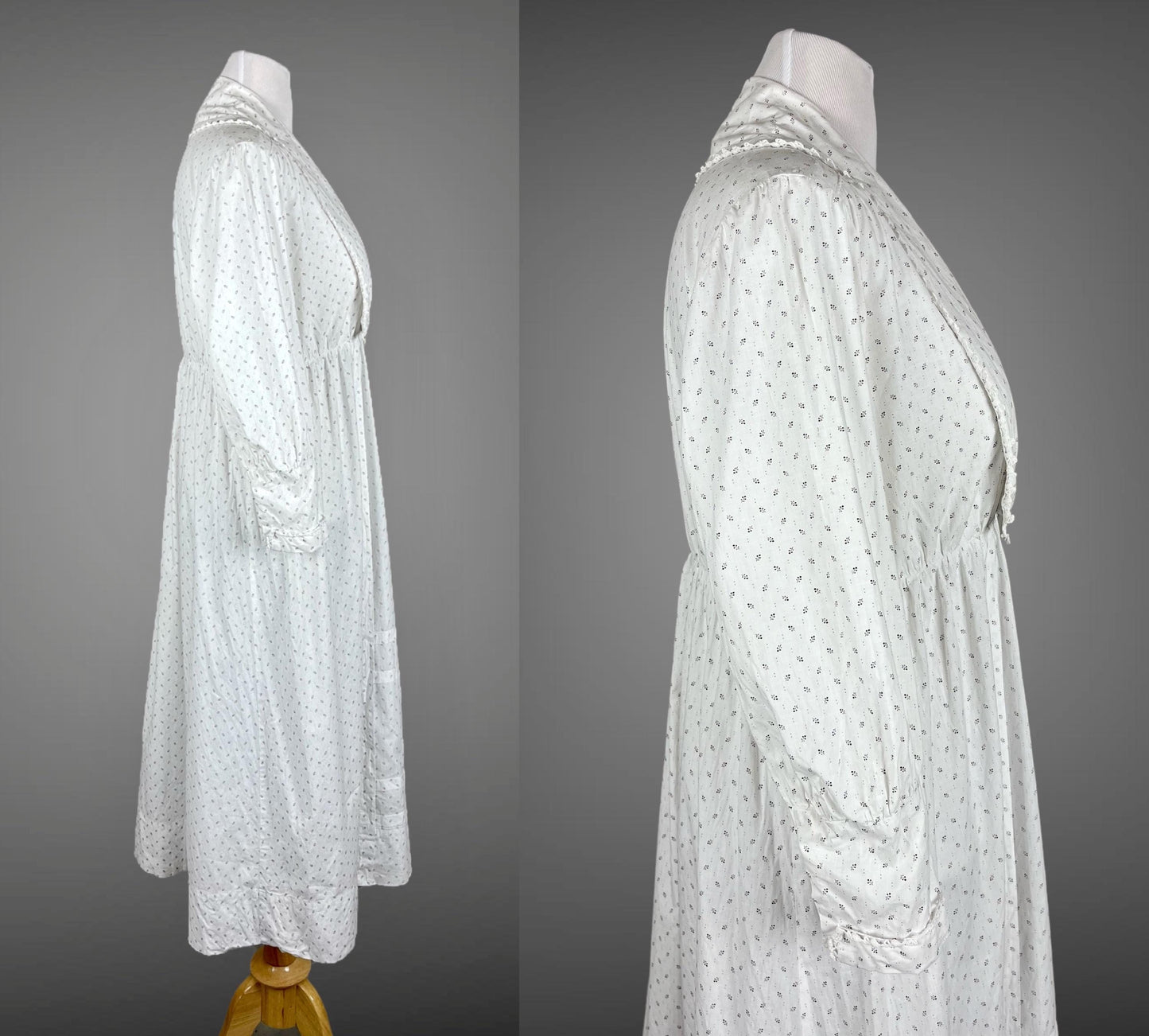 Antique White Calico Dress, 1910s Cotton Day Dress, Size Large